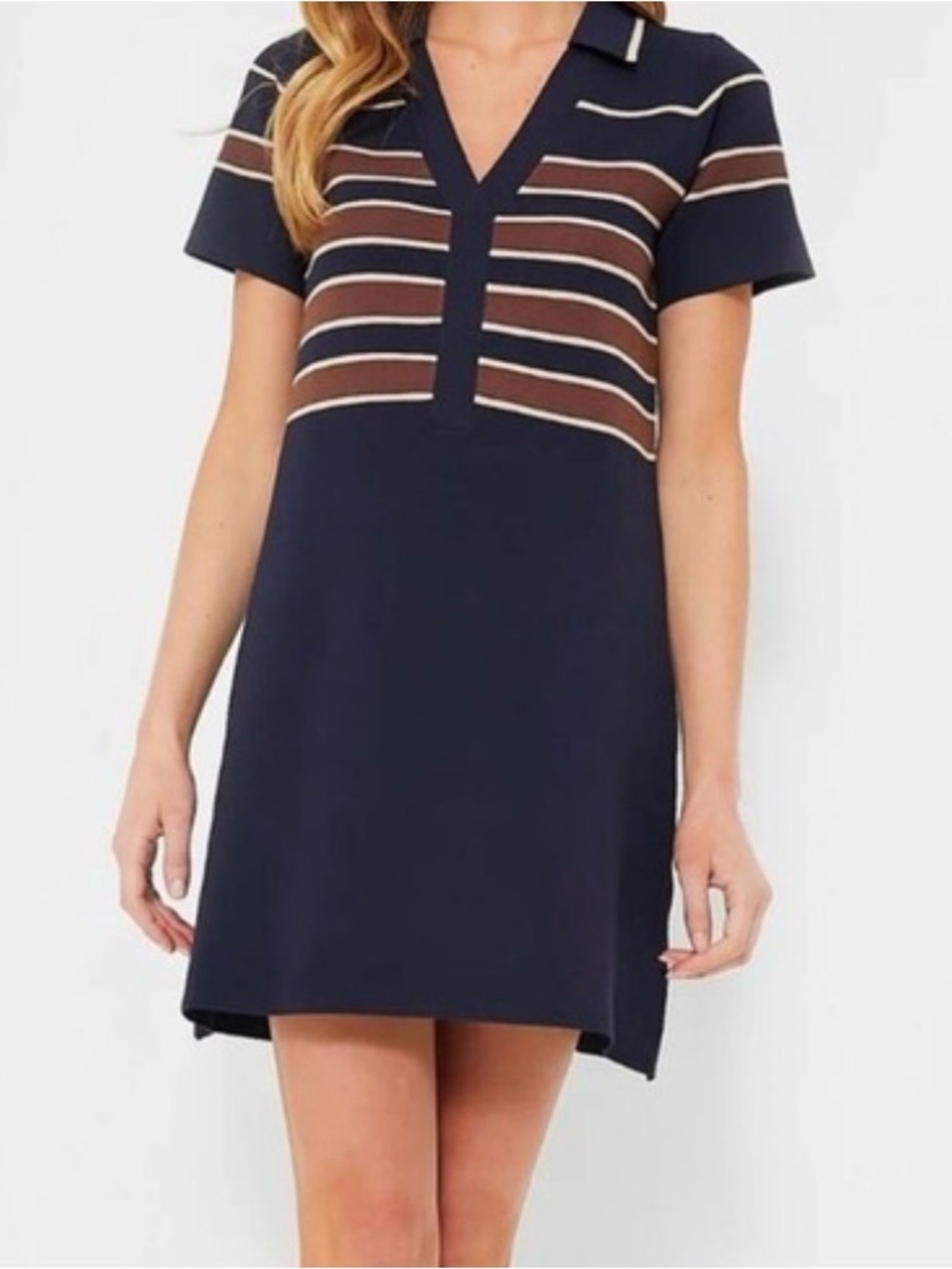 Tuckernuck Wright Knit Polo Dress in Midnight Navy/Cacao Brown Medium